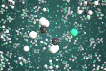 Ethyl chloride molecule made with balls, scientific molecular model. Chemical 3d rendering