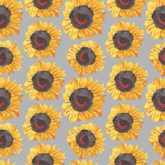 Watercolor seamless pattern with yellow sunflowers on a gray background. Autumn and botanical hand painted print.