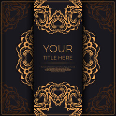 Black luxury postcard design with gold vintage ornament. Can be used as background and wallpaper. Elegant and classic vector elements are great for decoration.
