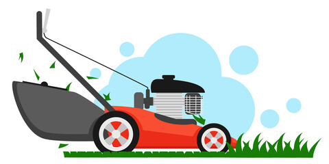 Lawn mower mows green grass on a white background. - obrazy, fototapety, plakaty