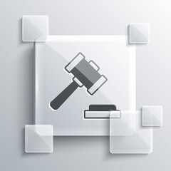 Grey Judge gavel icon isolated on grey background. Gavel for adjudication of sentences and bills, court, justice. Auction hammer. Square glass panels. Vector