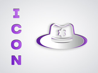 Paper cut Sheriff hat with badge icon isolated on grey background. Paper art style. Vector