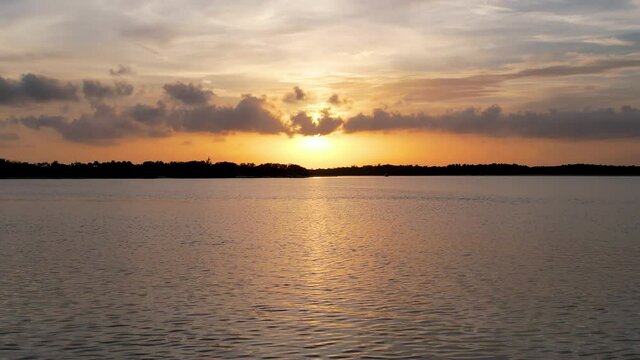 South Florida bay flyover at golden sunset