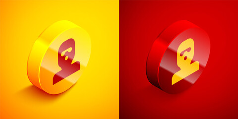 Isometric Thief mask icon isolated on orange and red background. Bandit mask, criminal man. Circle button. Vector