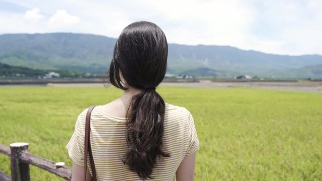 rear view lady wearing a ponytail is gazing into lush pasture in front of her beside a rural path with a stretch of mountains afar on a breezy summer&rsquo;s day.