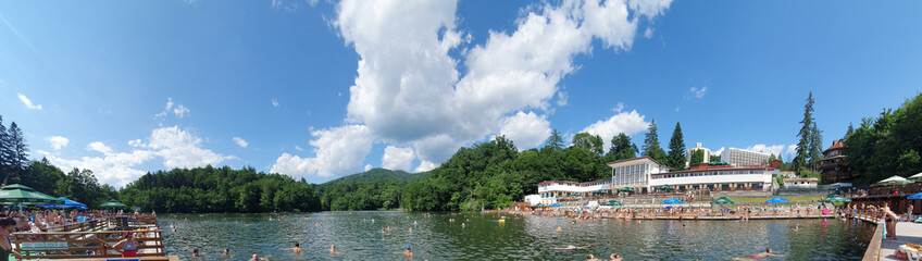 Fototapeta na wymiar Ursu Lake from Sovata resort - Romania It is a heliothermal lake with therapeutic properties
