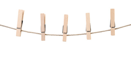 Clothespins on a rope on a white background. Isolated