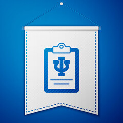 Blue Psychology icon isolated on blue background. Psi symbol. Mental health concept, psychoanalysis analysis and psychotherapy. White pennant template. Vector