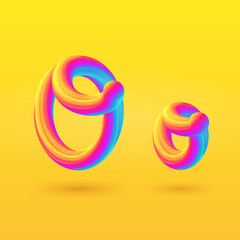 Letter O 3D vector. Liquid gradient shape on yellow background. Colorful hand drawn alphabet for branding, logo, a set of words. Festive typography, childrens alphabet, uppercase letters