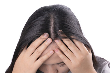 Fototapeta premium Young Asian women worry about problem hair loss,head bald,dandruff.hair loss problem and Hair treatment concept