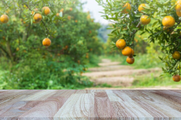 Wooden tabletop on blurred orange orchard background, can be used for display or montage your products.