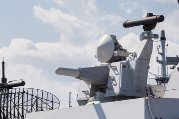 Modern weapons on the deck of a military ship. Weapon system for defense