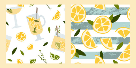Fresh lemonade, soda, mojito, cocktail, juice. Lemon, lime, mint, mandarin, orange. Summer fruit, tropical citrus background, cold drink. Vector flat cartoon illustration, seamless pattern