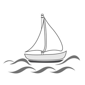 Hand drawn sailing boat at the sea. Ship and waves icon