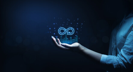 Businesswoman holding in hand graph with Circular economy symbol. Graph showing earnings.