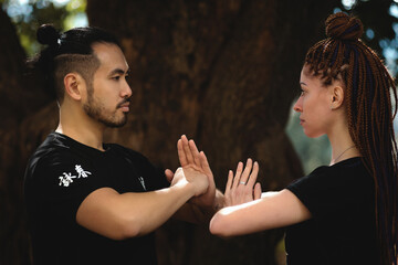 couple practicing kung fu in the park