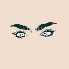 Beautiful female Eyes with long Eyelashes and eyebrows. Close up emotional fashion look. Hand drawn Vector illustration. Brow bar, beauty salon concept. Logo, poster or print template