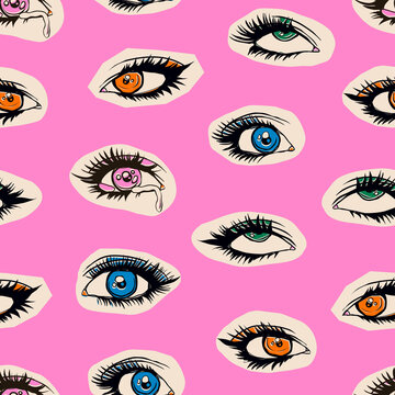 Beautiful female Eyes with long Eyelashes. Dramatic look. Different colors of eyes. Hand drawn Vector illustration. Colorful square seamless Pattern. Background, wallpaper, print template