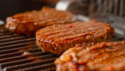 three steaks of meat on the electric grill close-up