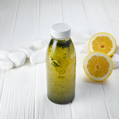 Fresh fresh fruit in a bottle. on a white background
