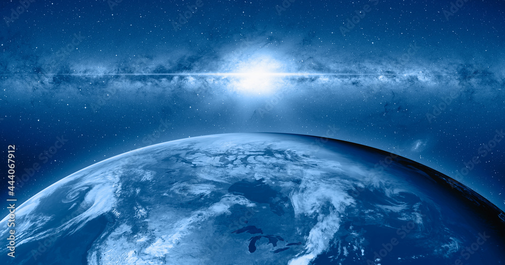 Poster view of the planet earth from space during a sunrise against milkyway galaxy 