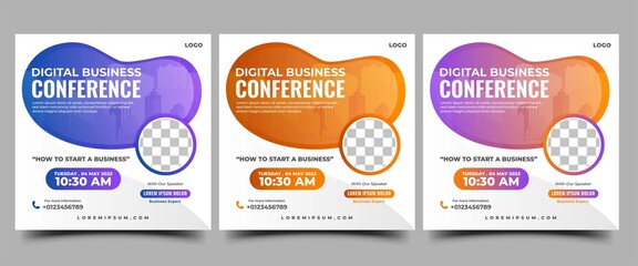 Digital business conference social media post template design. Modern square banner with place for the photo. Usable for social media, banner, and website.