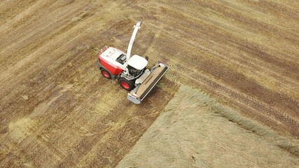 Feldhäcksler auf einem Getreidefeld bei der Ernte, Vogelperspektive	