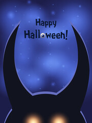 Blue shining Halloween card with silhouette of dark horned demon