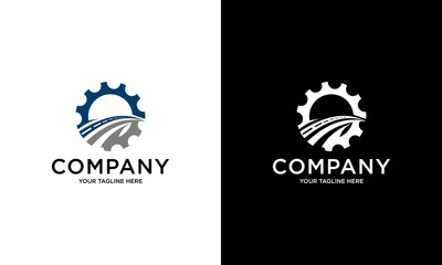 Gear Road Logo Design. Abstract blue and gray color fixtures combined with street symbol design. Vector Logo Illustration.