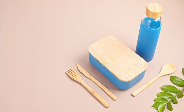 Zero Waste Kit For Takeaway Lunch, Reusable Bottle, Box And Bamboo Cutlery. Sustainable Lifestyle Concept