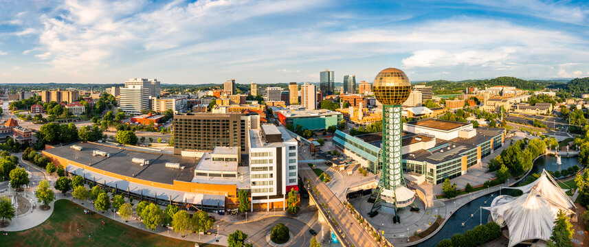 Aerial panorama of Knoxville, Tennessee skyline on a late sunny afternoon, viewed from above Worlds Fair Park. Knoxville is the county seat of Knox County in the U.S. state of Tennessee.