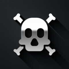 Silver Bones and skull as a sign of toxicity warning icon isolated on black background. Long shadow style. Vector