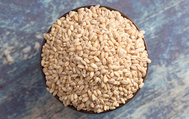 Bowl of Barley Wheat on a Rustic Blue Table