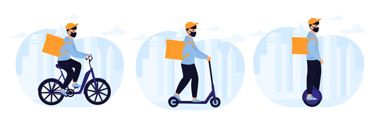 Delivery man delivers food by electric bike, scooter, monowheel. Eco transport. Transportation and green vehicle © LiluArt