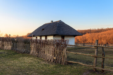 Ancient traditional ukrainian rural clay house in authentic Cossack farm in Stetsivka village in...