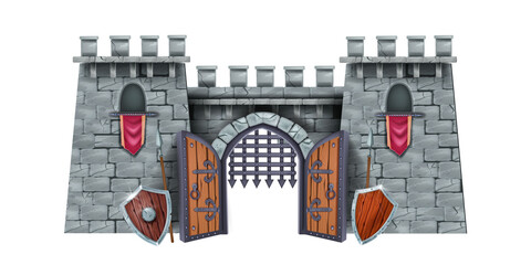 Stone castle tower, vector medieval city gate illustration, iron grate, wooden shield, spear. Brick ancient fortress, fantasy arch entrance, RPG history building. Game stone castle clipart on white - obrazy, fototapety, plakaty