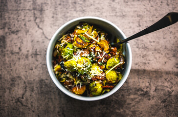 Top down view Brussels Sprouts with parmesan and bacon