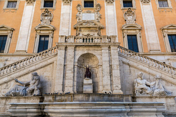 Front view of the Palazzo Senatorio (Senatorial Palace) and Fontana della Dea Roma in The Piazza del Campidoglio on top of the Capitoline Hill in Rome, Italy
