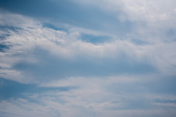 Scattered cloud clusters in a blue sky, blue sky background with white clouds,