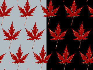 Autumn leaves, natural maple geometrical seamless pattern. Scribbled cream color contour, red background. Black, blue editable backdrop