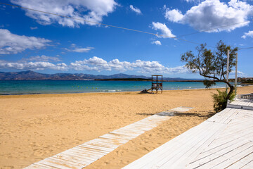 Santa Maria beach located near Naoussa, in Plastira Bay on Paros island. Cyclades, Greece