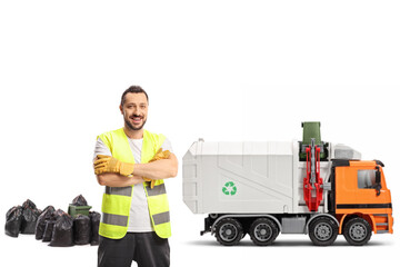 Waste collector in a uniform with a garbage truck