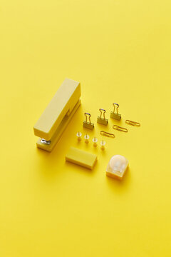 Paper clips, pins, stapler, eraser and sharpener