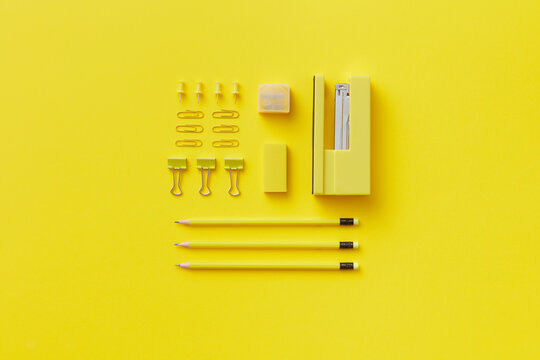 Paper clips, pencils, pins, stapler, eraser and sharpener