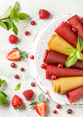 Fruit marshmallow. Berry pastille on white background. Pastille fruit rolls  