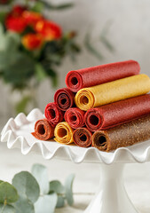 Fruit marshmallow. Berry pastille on white background. Pastille fruit rolls  