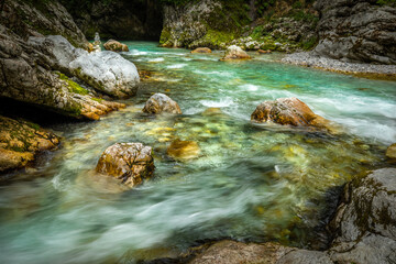 Naklejka na ściany i meble The confluence of the rivers Tolminka and Zadlascica in Tolmin Gorge in the Triglav National Park, north western Slovenia.