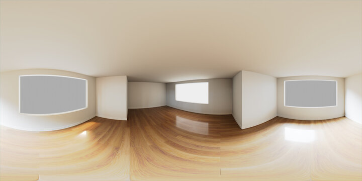 HDRI Environment Map. Empty White Room with Wood Floor. Window illuminates the space with bright natural Light.