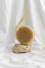 Natural wooden body brush with papas grass balancing on rocks, white background. Massage, relax,...