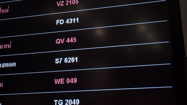 Flight cancellations on departure board screen, cancelled trip due to coronavirus COVID-19